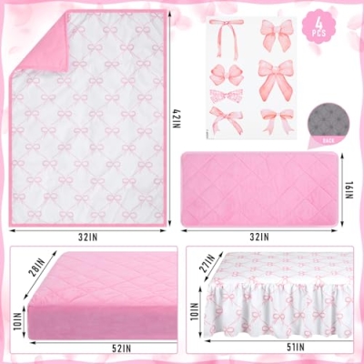 Pink Bow Crib Bedding Set for Girls, 5 Piece Nursery Decor, Comforter Sheet Skirt Diaper Pad Cover Bow Wall Decals, 42x32in 7 Product: SmoothNovelty 5 Pcs Pink Bow Theme Crib Bedding Set Include Bow Knot Print Crib Sheets Bed Skirt Comforter Pad Cover Wall Stickers for Girls Princess Nursery Room Decoration