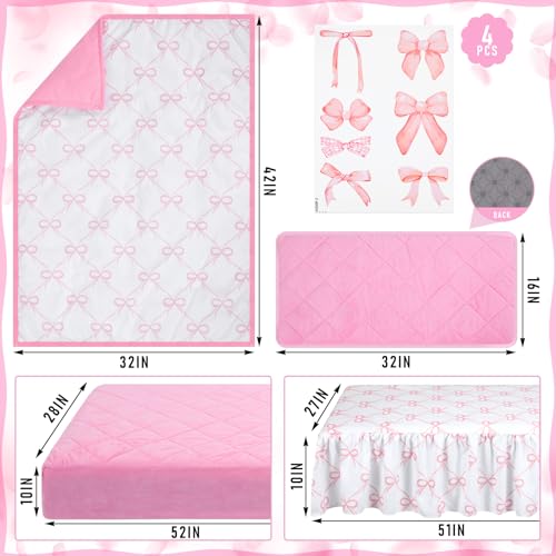 Pink Bow Crib Bedding Set for Girls, 5 Piece Nursery Decor, Comforter Sheet Skirt Diaper Pad Cover Bow Wall Decals, 42x32in 1 Product: SmoothNovelty 5 Pcs Pink Bow Theme Crib Bedding Set Include Bow Knot Print Crib Sheets Bed Skirt Comforter Pad Cover Wall Stickers for Girls Princess Nursery Room Decoration