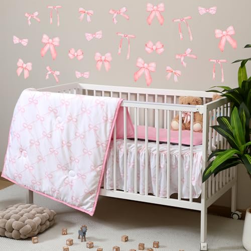 Pink Bow Crib Bedding Set for Girls, 5 Piece Nursery Decor, Comforter Sheet Skirt Diaper Pad Cover Bow Wall Decals, 42x32in 5 Product: SmoothNovelty 5 Pcs Pink Bow Theme Crib Bedding Set Include Bow Knot Print Crib Sheets Bed Skirt Comforter Pad Cover Wall Stickers for Girls Princess Nursery Room Decoration
