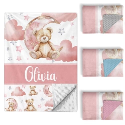 Personalized Pink Bear Baby Crib Bedding Set, 3 Piece Custom Nursery Bedding, Double Layer Blanket, Crib Sheet, 32.5cm 12 Product: Sunamd Custom Baby Crib Bedding Set, 3 PCs Personalized Name Baby Crib Sets for Infants Toddlers, Pink Bear Theme Bedding Crib Sets, Double Layer Nursery Bedding Set for Girls Boys Customized Gifts