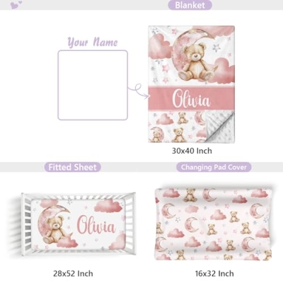 Personalized Pink Bear Baby Crib Bedding Set, 3 Piece Custom Nursery Bedding, Double Layer Blanket, Crib Sheet, 32.5cm 13 Product: Sunamd Custom Baby Crib Bedding Set, 3 PCs Personalized Name Baby Crib Sets for Infants Toddlers, Pink Bear Theme Bedding Crib Sets, Double Layer Nursery Bedding Set for Girls Boys Customized Gifts
