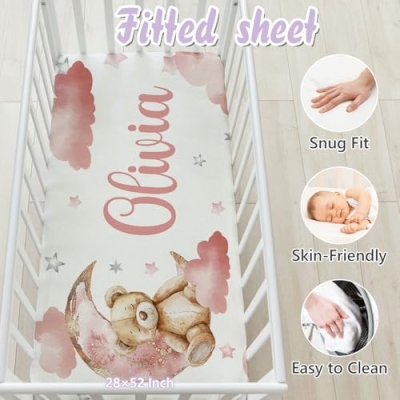 Personalized Pink Bear Baby Crib Bedding Set, 3 Piece Custom Nursery Bedding, Double Layer Blanket, Crib Sheet, 32.5cm 10 Product: Sunamd Custom Baby Crib Bedding Set, 3 PCs Personalized Name Baby Crib Sets for Infants Toddlers, Pink Bear Theme Bedding Crib Sets, Double Layer Nursery Bedding Set for Girls Boys Customized Gifts