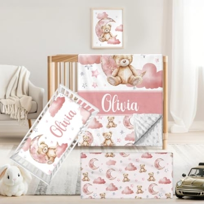 Product: Sunamd Custom Baby Crib Bedding Set, 3 PCs Personalized Name Baby Crib Sets for Infants Toddlers, Pink Bear Theme Bedding Crib Sets, Double Layer Nursery Bedding Set for Girls Boys Customized Gifts