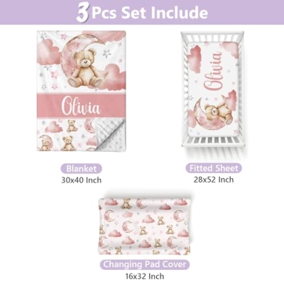 Personalized Pink Bear Baby Crib Bedding Set, 3 Piece Custom Nursery Bedding, Double Layer Blanket, Crib Sheet, 32.5cm 8 Product: Sunamd Custom Baby Crib Bedding Set, 3 PCs Personalized Name Baby Crib Sets for Infants Toddlers, Pink Bear Theme Bedding Crib Sets, Double Layer Nursery Bedding Set for Girls Boys Customized Gifts