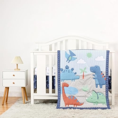 Product: Sweet baba Blue Dinosaur Crib Bedding Set for Baby Boy, 3 Pieces Nursery Set Including Quilt/Fitted Sheet/Crib Skirt