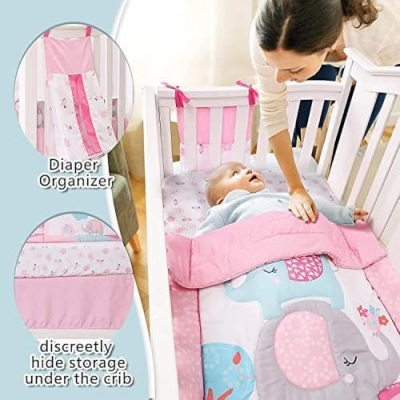 Pink Elephant Girl Crib Bedding Set, 4 Piece Nursery Set, Quilt Fitted Sheet Skirt Diaper Bag, 130x70cm 12 Product: Sweet baba Elephant Crib Bedding Set for Girls, 4 Pieces Nursery Set Including Quilt/Fitted Sheet/Crib Skirt/Diaper Bag
