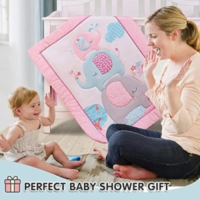 Pink Elephant Girl Crib Bedding Set, 4 Piece Nursery Set, Quilt Fitted Sheet Skirt Diaper Bag, 130x70cm 11 Product: Sweet baba Elephant Crib Bedding Set for Girls, 4 Pieces Nursery Set Including Quilt/Fitted Sheet/Crib Skirt/Diaper Bag