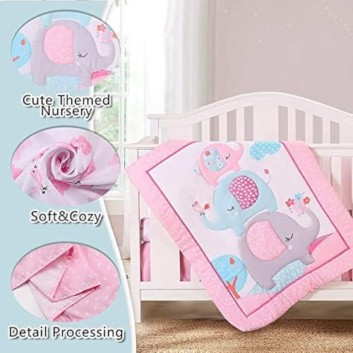 Pink Elephant Girl Crib Bedding Set, 4 Piece Nursery Set, Quilt Fitted Sheet Skirt Diaper Bag, 130x70cm 3 Product: Sweet baba Elephant Crib Bedding Set for Girls, 4 Pieces Nursery Set Including Quilt/Fitted Sheet/Crib Skirt/Diaper Bag