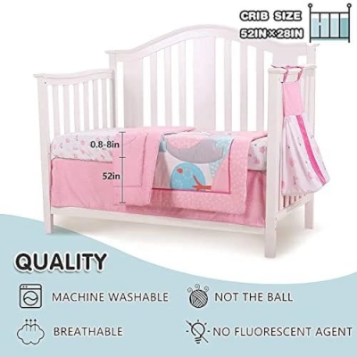 Pink Elephant Girl Crib Bedding Set, 4 Piece Nursery Set, Quilt Fitted Sheet Skirt Diaper Bag, 130x70cm 9 Product: Sweet baba Elephant Crib Bedding Set for Girls, 4 Pieces Nursery Set Including Quilt/Fitted Sheet/Crib Skirt/Diaper Bag