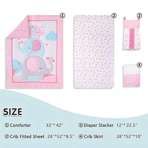 Pink Elephant Girl Crib Bedding Set, 4 Piece Nursery Set, Quilt Fitted Sheet Skirt Diaper Bag, 130x70cm 1 Product: Sweet baba Elephant Crib Bedding Set for Girls, 4 Pieces Nursery Set Including Quilt/Fitted Sheet/Crib Skirt/Diaper Bag