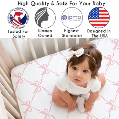Pink Bows Baby Crib Bedding Set, Sweet Jojo Designs Girls Nursery, 3 Piece Microfiber, 41in. x 32in. 8 Product: Sweet Jojo Designs 3-Piece Baby Crib Bedding Set (Pink Bows) for Girls, Infants/Nursery incl. Blanket, Fitted Sheet and Cribskirt (Blush, Bow, Ballerina, Ballet Dancer, Princess Collection)