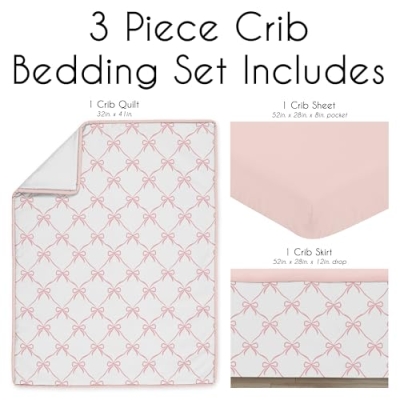 Pink Bows Baby Crib Bedding Set, Sweet Jojo Designs Girls Nursery, 3 Piece Microfiber, 41in. x 32in. 7 Product: Sweet Jojo Designs 3-Piece Baby Crib Bedding Set (Pink Bows) for Girls, Infants/Nursery incl. Blanket, Fitted Sheet and Cribskirt (Blush, Bow, Ballerina, Ballet Dancer, Princess Collection)