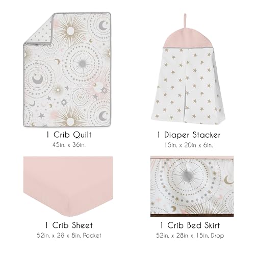 Sweet Jojo Designs Celestial Baby Girl Crib Bedding Set, Blush Pink Gold Grey White Star Moon, 4 Pc 52in x 28in 1 Product: Sweet Jojo Designs 4 pc. Blush Pink, Gold, Grey and White Star and Moon Celestial Baby Girl Crib Bedding Set
