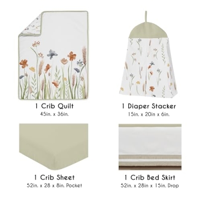 Green Boho Floral Baby Crib Bedding Set, 4 Piece Quilt Fitted Sheet Skirt Diaper Stacker, Sage Wildflower Nursery Set 7 Product: Sweet Jojo Designs 4-Piece Baby Crib Bedding Set (Green Boho Floral) for Girls, Infants/Nursery incl. Blanket, Fitted Sheet, Skirt, Diaper Stacker (Flower, Garden, Bohemian, Farmhouse, Wildflower)