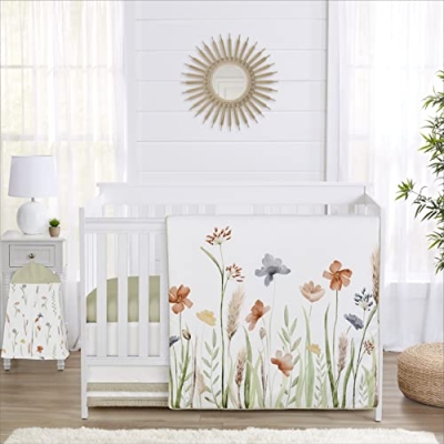 Product: Sweet Jojo Designs 4-Piece Baby Crib Bedding Set (Green Boho Floral) for Girls, Infants/Nursery incl. Blanket, Fitted Sheet, Skirt, Diaper Stacker (Flower, Garden, Bohemian, Farmhouse, Wildflower)