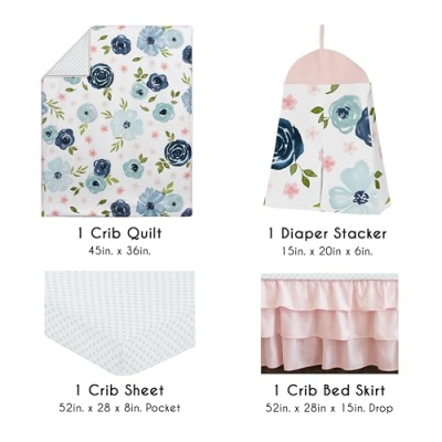 Product: Sweet Jojo Designs 4-Piece Baby Crib Bedding Set (Pink/Blue Boho Floral) for Girls, Infants/Nursery incl. Blanket, Fitted Sheet, Skirt, Diaper Stacker (Watercolor, Rose, Polka Dot, Shabby Chic, Navy)