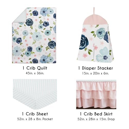 Product: Sweet Jojo Designs 4-Piece Baby Crib Bedding Set (Pink/Blue Boho Floral) for Girls, Infants/Nursery incl. Blanket, Fitted Sheet, Skirt, Diaper Stacker (Watercolor, Rose, Polka Dot, Shabby Chic, Navy)
