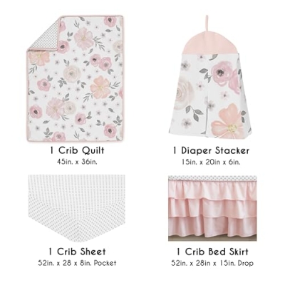 Product: Sweet Jojo Designs 4-Piece Baby Crib Bedding Set (Pink/Grey Boho Floral) for Girls, Infants/Nursery incl. Blanket, Fitted Sheet, Skirt, Diaper Stacker (Watercolor, Elegant Rose Polka Dot, Blush Gray)