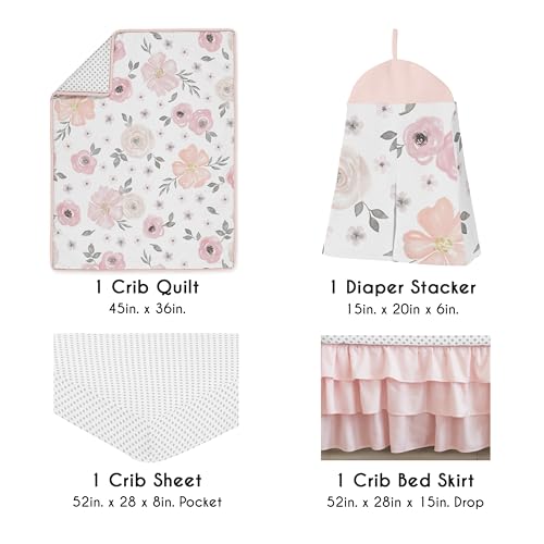 Product: Sweet Jojo Designs 4-Piece Baby Crib Bedding Set (Pink/Grey Boho Floral) for Girls, Infants/Nursery incl. Blanket, Fitted Sheet, Skirt, Diaper Stacker (Watercolor, Elegant Rose Polka Dot, Blush Gray)
