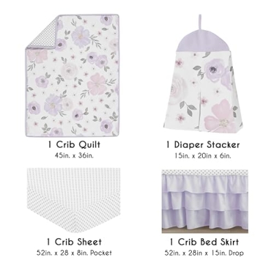 Sweet Jojo Designs Purple Grey Boho Floral Baby Crib Bedding Set, Girls Nursery, 4 Piece, 45in. x 36in. 7 Product: Sweet Jojo Designs 4-Piece Baby Crib Bedding Set (Purple/Grey Boho Floral) for Girls, Infants/Nursery incl. Blanket, Fitted Sheet, Skirt, Diaper Stacker (Watercolor, Polka Dot, Shabby Chic, Lavender)