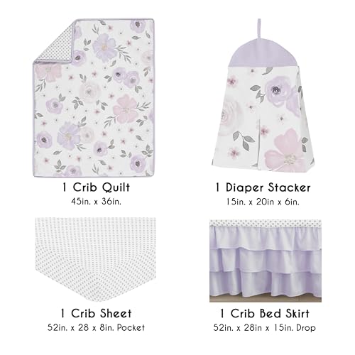 Sweet Jojo Designs Purple Grey Boho Floral Baby Crib Bedding Set, Girls Nursery, 4 Piece, 45in. x 36in. 1 Product: Sweet Jojo Designs 4-Piece Baby Crib Bedding Set (Purple/Grey Boho Floral) for Girls, Infants/Nursery incl. Blanket, Fitted Sheet, Skirt, Diaper Stacker (Watercolor, Polka Dot, Shabby Chic, Lavender)
