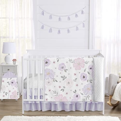 Product: Sweet Jojo Designs 4-Piece Baby Crib Bedding Set (Purple/Grey Boho Floral) for Girls, Infants/Nursery incl. Blanket, Fitted Sheet, Skirt, Diaper Stacker (Watercolor, Polka Dot, Shabby Chic, Lavender)
