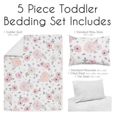 Product: Sweet Jojo Designs 5-Piece Toddler Bedding Set (Pink/Grey Boho Floral) for Girls, Kids incl. Bed in a Bag Comforter, Blanket, Pillowcase, Sham & Sheets (Watercolor, Elegant Rose, Farmhouse, Nature)