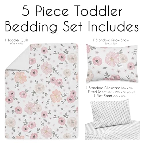 Product: Sweet Jojo Designs 5-Piece Toddler Bedding Set (Pink/Grey Boho Floral) for Girls, Kids incl. Bed in a Bag Comforter, Blanket, Pillowcase, Sham & Sheets (Watercolor, Elegant Rose, Farmhouse, Nature)
