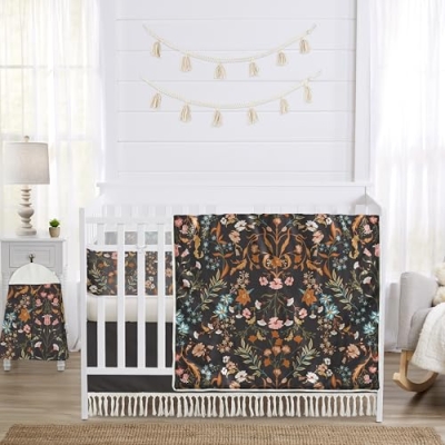 Product: Sweet Jojo Designs Black Boho Floral Baby Crib Bedding Set for Girls 6pc - BreathableBaby Breathable Mesh Crib Liner Nursery Blanket Fitted Sheet - Wildflower Vintage Orange Teal Bohemian Farmhouse
