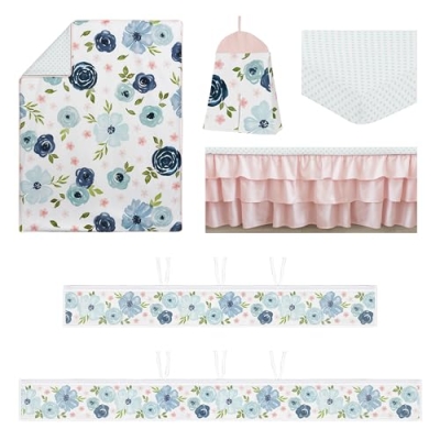 Blush Pink Blue Boho Floral Baby Crib Bedding Set 6 Piece, Breathable Mesh Liner, Girl Nursery 52in x 28in 7 Product: Sweet Jojo Designs Blush Pink Blue Boho Floral Girl Baby Crib Bedding Set Infant Nursery Room BreathableBaby Breathable Mesh Crib Liner Blanket Fitted Sheet Skirt 6p Bohemian Farmhouse Shabby Chic