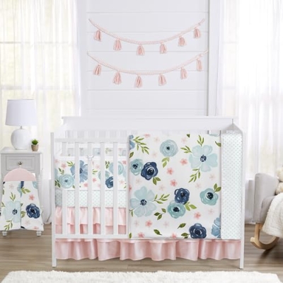 Product: Sweet Jojo Designs Blush Pink Blue Boho Floral Girl Baby Crib Bedding Set Infant Nursery Room BreathableBaby Breathable Mesh Crib Liner Blanket Fitted Sheet Skirt 6p Bohemian Farmhouse Shabby Chic