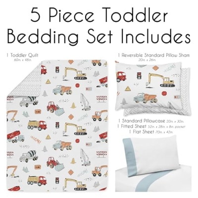 Product: Sweet Jojo Designs Construction Truck Boy Toddler Kid Childrens Comforter Bedding Set - 5 Pieces Comforter, Sham and Sheets - Grey Yellow Orange Red and Blue Transportation Chevron Arrow