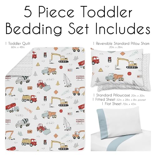 Product: Sweet Jojo Designs Construction Truck Boy Toddler Kid Childrens Comforter Bedding Set - 5 Pieces Comforter, Sham and Sheets - Grey Yellow Orange Red and Blue Transportation Chevron Arrow