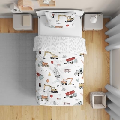 Product: Sweet Jojo Designs Construction Truck Boy Toddler Kid Childrens Comforter Bedding Set - 5 Pieces Comforter, Sham and Sheets - Grey Yellow Orange Red and Blue Transportation Chevron Arrow