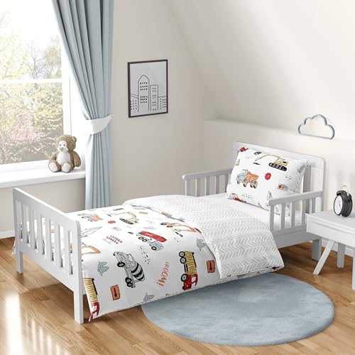 Product: Sweet Jojo Designs Construction Truck Boy Toddler Kid Childrens Comforter Bedding Set - 5 Pieces Comforter, Sham and Sheets - Grey Yellow Orange Red and Blue Transportation Chevron Arrow