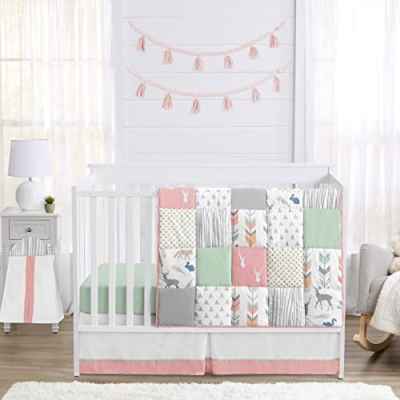 Product: Sweet Jojo Designs Coral, Mint and Grey Woodsy Deer Girls Baby Bedding 4 Piece Crib Set