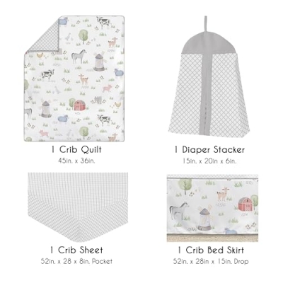 Product: Sweet Jojo Designs Farm Animals Baby Boy or Girl Nursery Crib Bedding Set - 4 Pieces - Watercolor Farmhouse Lattice Horse Cow Sheep Pig
