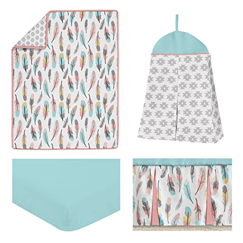 Sweet Jojo Designs Feather Baby Girls 4 Piece Crib Bedding Set, Multicolored Feather Grey Tribal Aqua Coral Nursery, 45in x 36in 1 Product: Sweet Jojo Designs Feather Baby Girls 4 Piece Crib Bedding Set