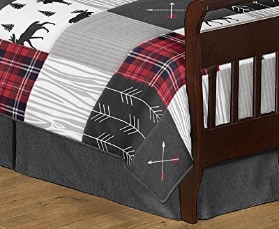 Sweet Jojo Designs Woodland Plaid Arrow Rustic Patch Boy Bedding Set, Grey Black Red Flannel Moose Gray, 5 Pieces 60x48in 8 Product: Sweet Jojo Designs Grey, Black and Red Woodland Plaid and Arrow Rustic Patch Boy Toddler Kid Childrens Bedding Set 5 Pieces Comforter, Sham and Sheets - Flannel Moose Gray