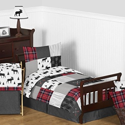 Product: Sweet Jojo Designs Grey, Black and Red Woodland Plaid and Arrow Rustic Patch Boy Toddler Kid Childrens Bedding Set 5 Pieces Comforter, Sham and Sheets - Flannel Moose Gray