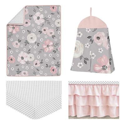 Product: Sweet Jojo Designs Grey Watercolor Floral Baby Girl Nursery Crib Bedding Set - 4 Pieces - Blush Pink Gray and White Shabby Chic Rose Flower Polka Dot Farmhouse
