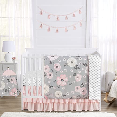 Product: Sweet Jojo Designs Grey Watercolor Floral Baby Girl Nursery Crib Bedding Set - 4 Pieces - Blush Pink Gray and White Shabby Chic Rose Flower Polka Dot Farmhouse