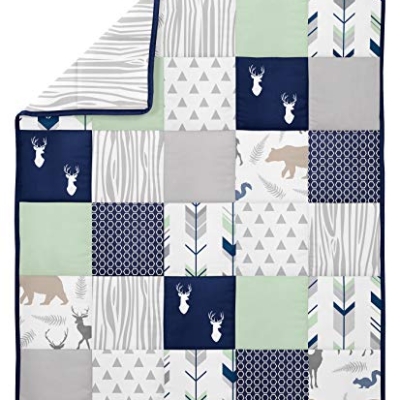 Product: Sweet Jojo Designs Navy Blue, Mint and Grey Woodsy Deer Boys Baby Bedding 4 Piece Crib Set