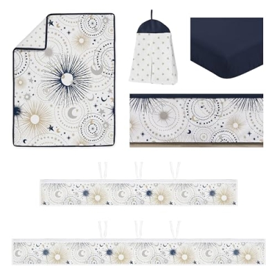 Product: Sweet Jojo Designs Navy Blue Star Moon Boy Girl Gender Neutral Baby Crib Bedding Set Infant Nursery Room BreathableBaby Breathable Mesh Crib Liner Blanket Fitted Sheet Skirt 6p Celestial Shabby Chic