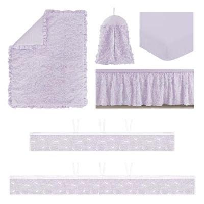 Sweet Jojo Designs Purple Floral Rose Girl Baby Crib Bedding Set, BreathableBaby Mesh Crib Liner, Lavender Princess Nursery, 6pc 7 Product: Sweet Jojo Designs Purple Floral Rose Girl Baby Crib Bedding Set Infant Nursery Room BreathableBaby Breathable Mesh Crib Liner 6p Solid Light Lavender Flower Elegant Princess Vintage Boho Shabby Chic