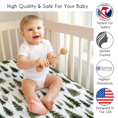 Sweet Jojo Designs Sage Green Woodland Baby Crib Bedding Set, Unisex 4 Piece Nursery Bundle, 45in x 36in 8 Product: Sweet Jojo Designs Sage Green Woodland Boy Girl Gender Neutral Unisex Baby Crib Bedding Set Infant Nursery Blanket Fitted Sheet Skirt Diaper Stacker 4p Forest Themed Nature Pine Tree Watercolor Fringe
