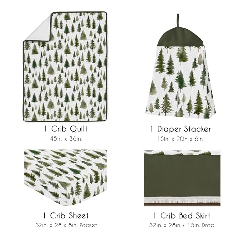 Sweet Jojo Designs Sage Green Woodland Baby Crib Bedding Set, Unisex 4 Piece Nursery Bundle, 45in x 36in 1 Product: Sweet Jojo Designs Sage Green Woodland Boy Girl Gender Neutral Unisex Baby Crib Bedding Set Infant Nursery Blanket Fitted Sheet Skirt Diaper Stacker 4p Forest Themed Nature Pine Tree Watercolor Fringe