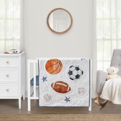 Product: Sweet Jojo Designs Sports Theme Boy Baby Mini Crib Bedding Set Infant Nursery Room Newborn Blanket Portable Pack n Play Sheets 3p Watercolor Vintage Soccer Balls Football Baseball Basketball Blue Star