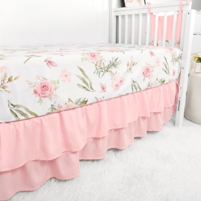 Pink Floral Castle 4 Piece Crib Bedding Set for Baby Girls, Microfiber Nursery Collection, 28x52in 11 Product: TANOFAR 4-Piece Crib Bedding Set for Baby Girls, Floral Castle Nursery Bedding Set Includes Comforter, Fitted Crib Sheet, Crib Skirt, and Diaper Stacker, Pink