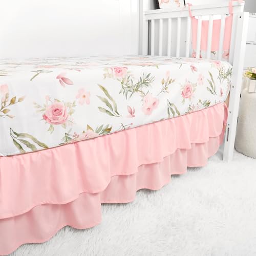 Pink Floral Castle 4 Piece Crib Bedding Set for Baby Girls, Microfiber Nursery Collection, 28x52in 4 Product: TANOFAR 4-Piece Crib Bedding Set for Baby Girls, Floral Castle Nursery Bedding Set Includes Comforter, Fitted Crib Sheet, Crib Skirt, and Diaper Stacker, Pink